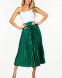GREEN SATIN PLEATED MIDI SKIRT WITH BELT