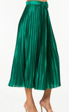 GREEN SATIN PLEATED MIDI SKIRT WITH BELT