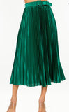 GREEN SATIN PLEATED MIDI SKIRT WITH BELT