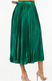 GREEN SATIN PLEATED MIDI SKIRT WITH BELT