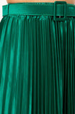 GREEN SATIN PLEATED MIDI SKIRT WITH BELT