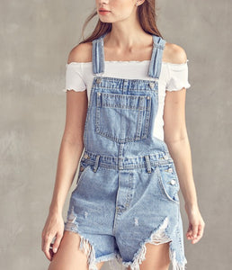 Distressed denim short overall